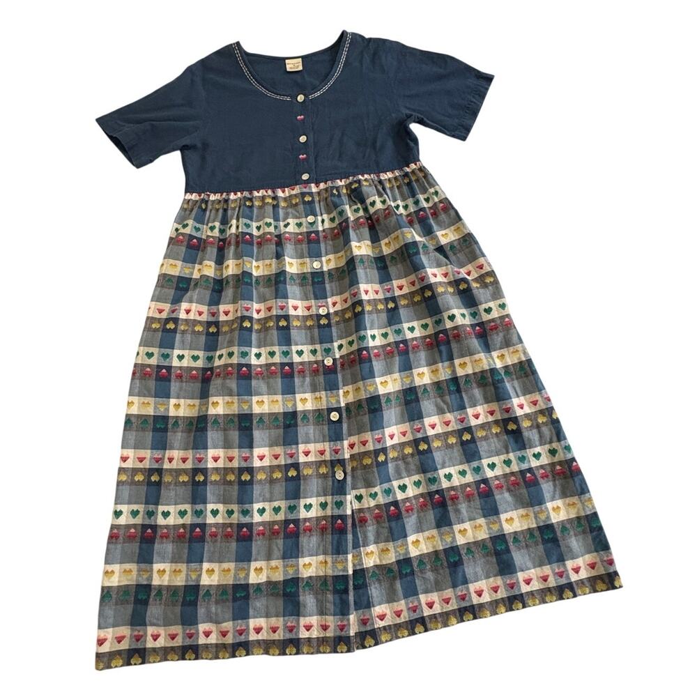 Vintage Bechamel Patio Dress Button Front Embroidered Hearts Colorful Plaid